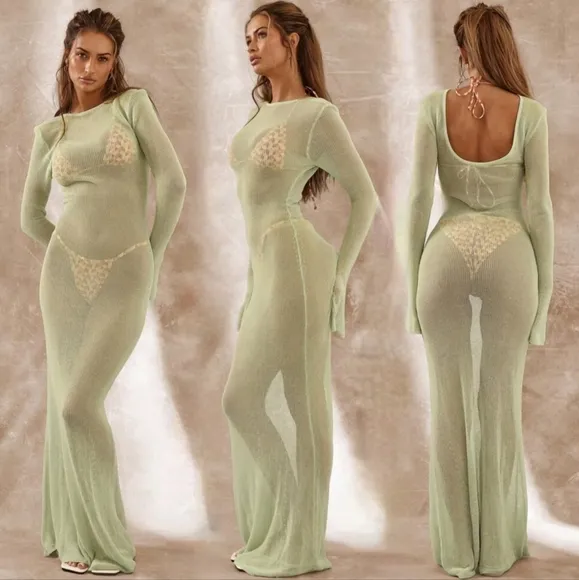 NWT Apricot Sheer Knit Long Sleeve Sweater Maxi Dress Sz M