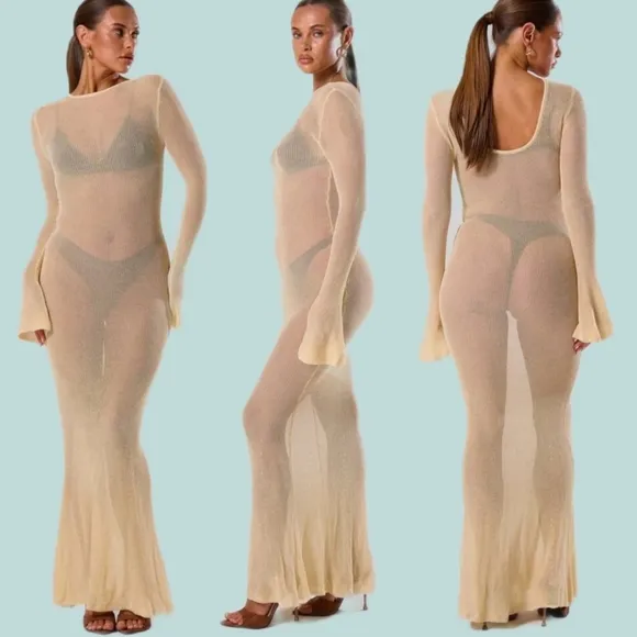 NWT Apricot Sheer Knit Long Sleeve Sweater Maxi Dress Sz S