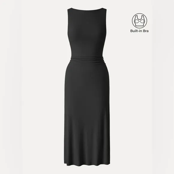 NWT Boatneck Side Ruched New Airy Brami Midi Dress - Black