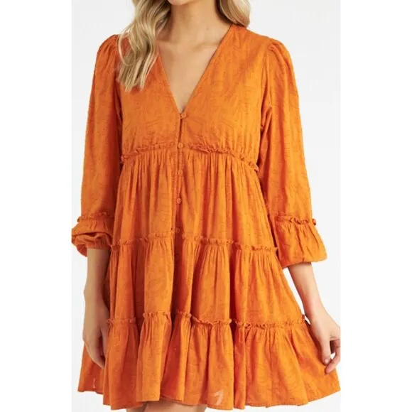 NWT Cleobella Blythe Mini Dress in Bright Orange Floral Tiered Boho Small