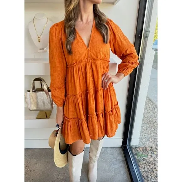 NWT Cleobella Blythe Mini Dress in Bright Orange Floral Tiered Boho Small