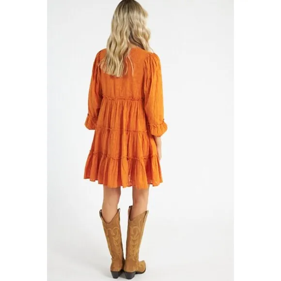NWT Cleobella Blythe Mini Dress in Bright Orange Floral Tiered Boho Small
