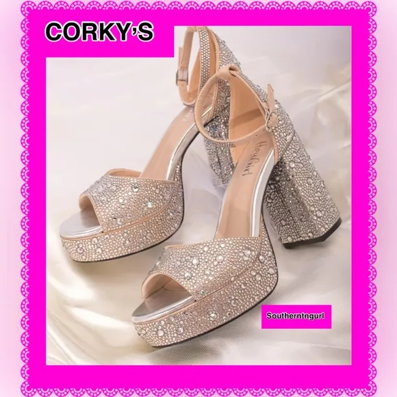 NWT CORKYS  “ Ambition “ STUNNING Rhinestone Platform Heels Sandals Platforms