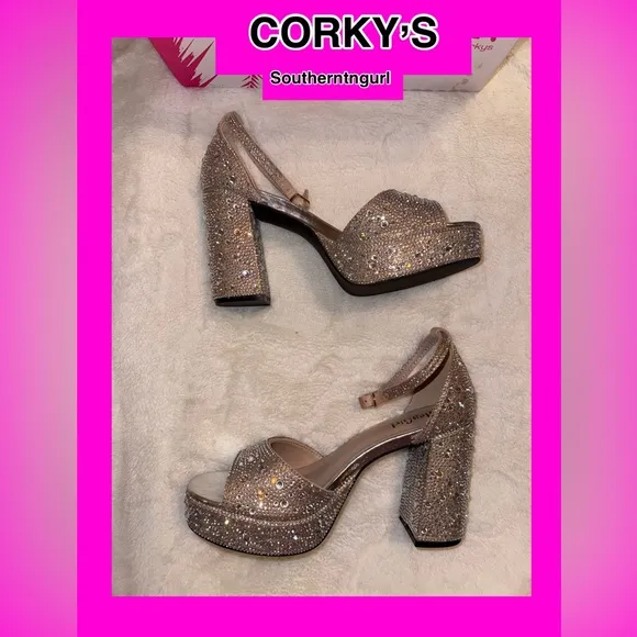 NWT CORKYS  “ Ambition “ STUNNING Rhinestone Platform Heels Sandals Platforms