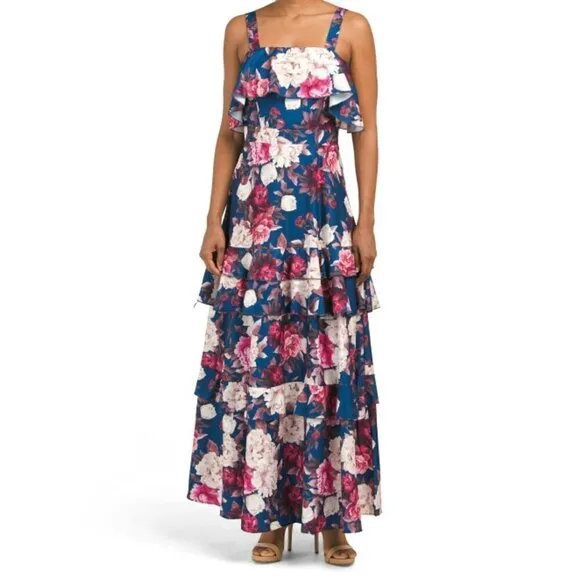 NWT DALIA MACPHEE Women's Floral Print Ruffle Square Neck Maxi Dress