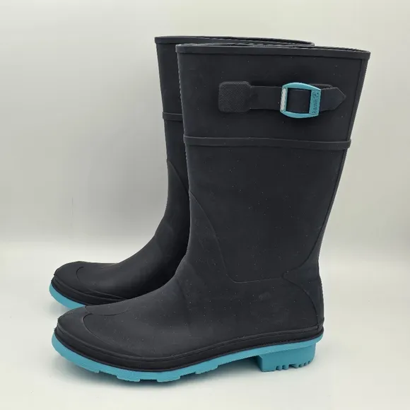 NWT Kamik Raindrops Rubber Rain Boots, Navy/Teal Big Kids Size 6 (Unisex)