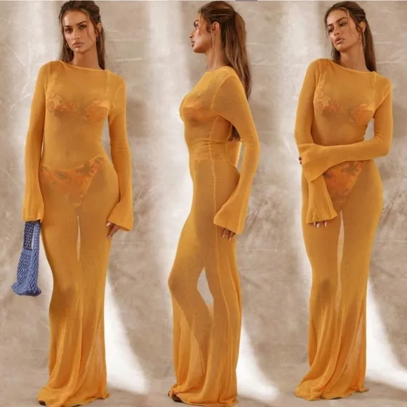 NWT Madarin Orange Sheer Knit Long Sleeve Sweater Maxi Dress Sz S