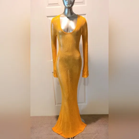 NWT Madarin Orange Sheer Knit Long Sleeve Sweater Maxi Dress Sz S