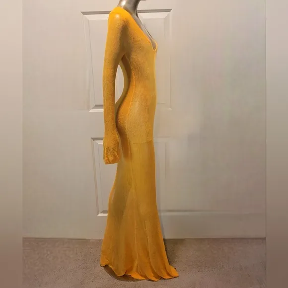 NWT Madarin Orange Sheer Knit Long Sleeve Sweater Maxi Dress Sz S