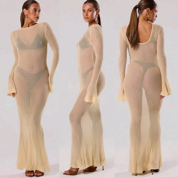 NWT Madarin Orange Sheer Knit Long Sleeve Sweater Maxi Dress Sz S