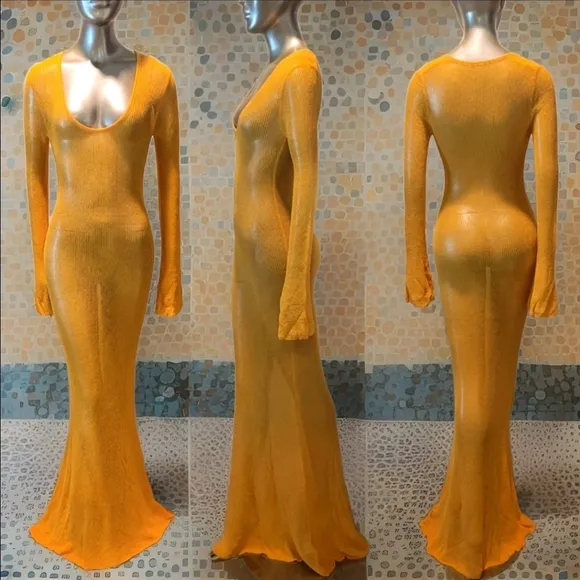 NWT Madarin Orange Sheer Knit Long Sleeve Sweater Maxi Dress Sz S