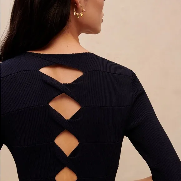 NWT Maje Rolora Ribbed Knit Short Sleeve Cutout Back Midi Maxi Dress Navy Blue L