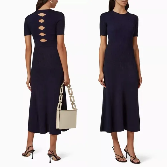 NWT Maje Rolora Ribbed Knit Short Sleeve Cutout Back Midi Maxi Dress Navy Blue L