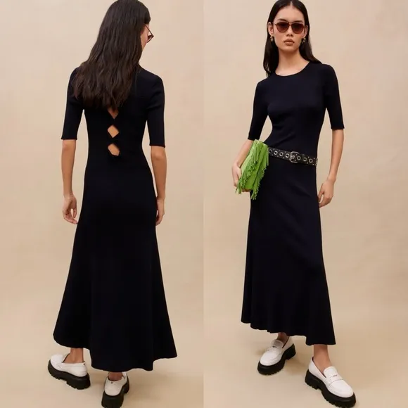 NWT Maje Rolora Ribbed Knit Short Sleeve Cutout Back Midi Maxi Dress Navy Blue L