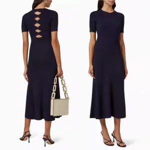 NWT Maje Rolora Ribbed Knit Short Sleeve Cutout Back Midi Maxi Dress Navy Blue L