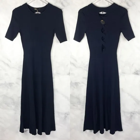 NWT Maje Rolora Ribbed Knit Short Sleeve Cutout Back Midi Maxi Dress Navy Blue L