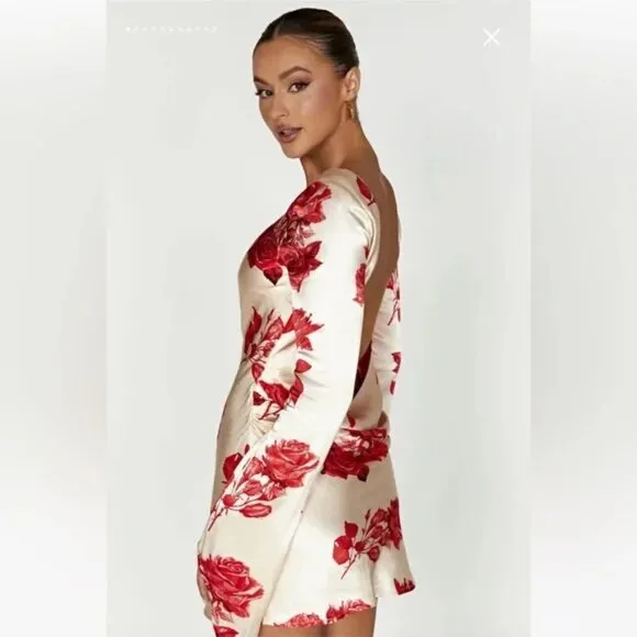 NWT Meshki Davina Satin Long Sleeve Floral  Mini Dress - Rose Print