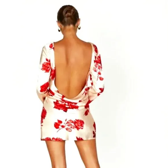 NWT Meshki Davina Satin Long Sleeve Floral  Mini Dress - Rose Print