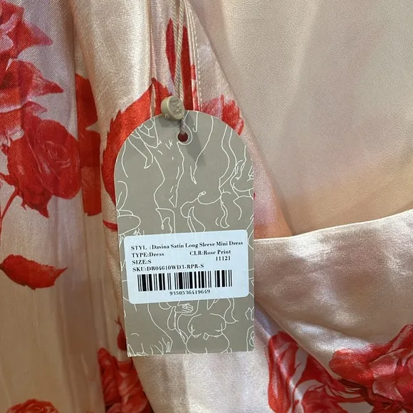 NWT Meshki Davina Satin Long Sleeve Floral  Mini Dress - Rose Print