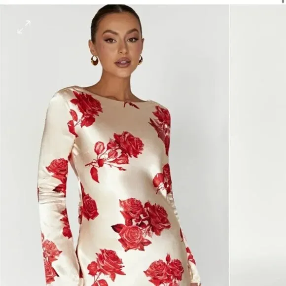 NWT Meshki Davina Satin Long Sleeve Floral  Mini Dress - Rose Print