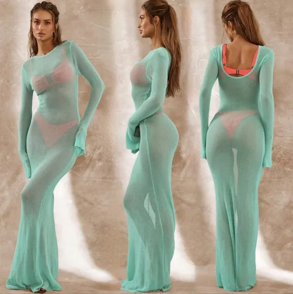 NWT Mojitos By The Pool- Sage Green Sheer Long Sleeve Sweater Maxi Dress Sz S