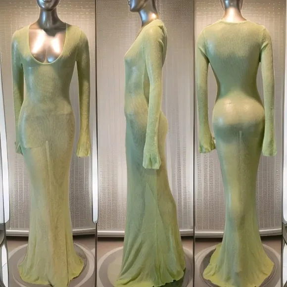 NWT Mojitos By The Pool- Sage Green Sheer Long Sleeve Sweater Maxi Dress Sz S