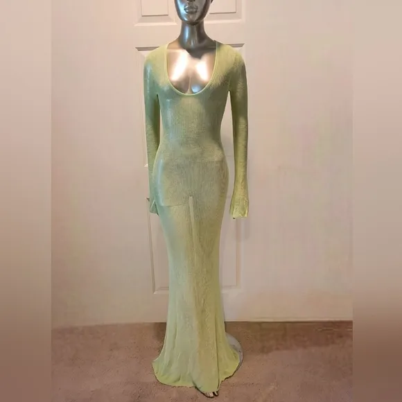 NWT Mojitos By The Pool- Sage Green Sheer Long Sleeve Sweater Maxi Dress Sz S