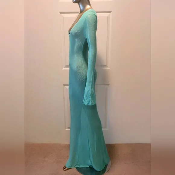 NWT Turquoise Waters Sheer Knit Long Sleeve Sweater Maxi Dress Sz M