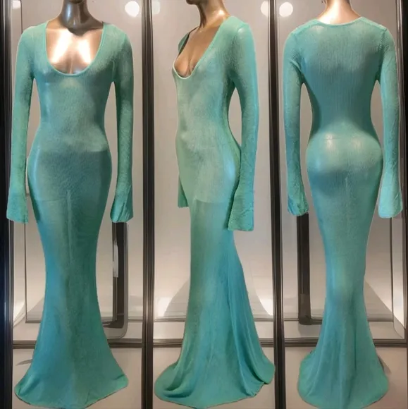 NWT Turquoise Waters Sheer Knit Long Sleeve Sweater Maxi Dress Sz M