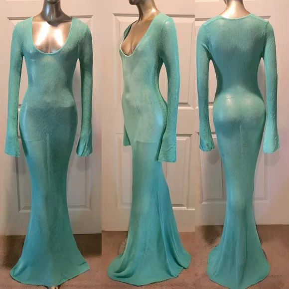 NWT Turquoise Waters Sheer Knit Long Sleeve Sweater Maxi Dress Sz M
