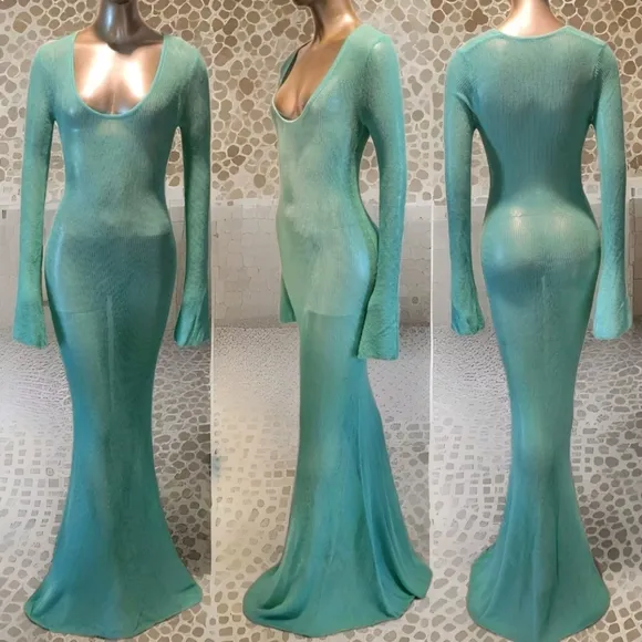 NWT Turquoise Waters Sheer Knit Long Sleeve Sweater Maxi Dress Sz M