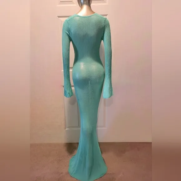 NWT Turquoise Waters Sheer Knit Long Sleeve Sweater Maxi Dress Sz M
