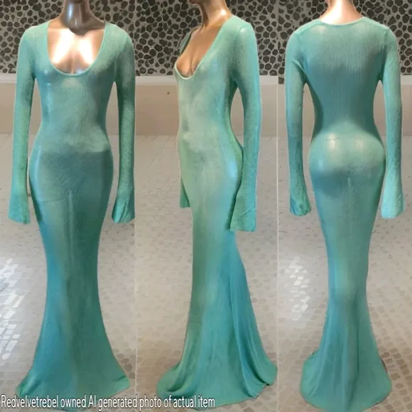 NWT Turquoise Waters Sheer Knit Long Sleeve Sweater Maxi Dress Sz M