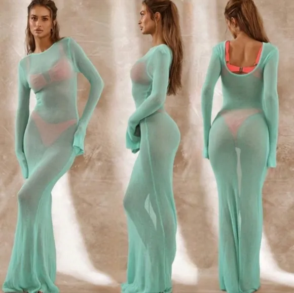 NWT Turquoise Waters Sheer Knit Long Sleeve Sweater Maxi Dress Sz M