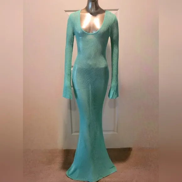 NWT Turquoise Waters Sheer Knit Long Sleeve Sweater Maxi Dress Sz M