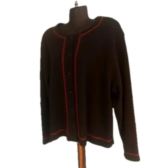 NWT XL Bechamel black red embroidery trim long sleeve button up cardigan sweater