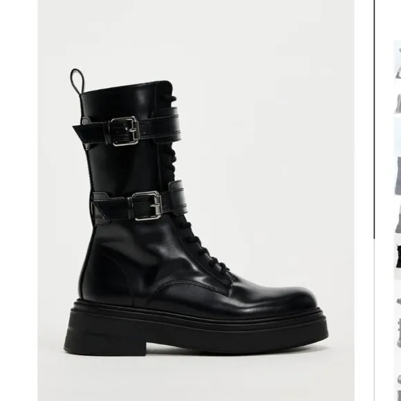 NWT ZARA BUCKLED LACED ANKLE BOOTS BLACK