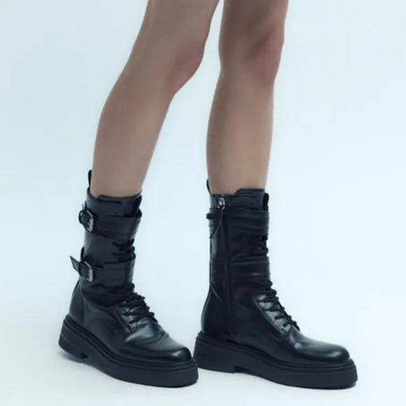 NWT ZARA BUCKLED LACED ANKLE BOOTS BLACK