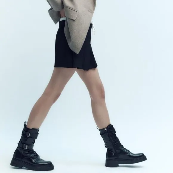 NWT ZARA BUCKLED LACED ANKLE BOOTS BLACK