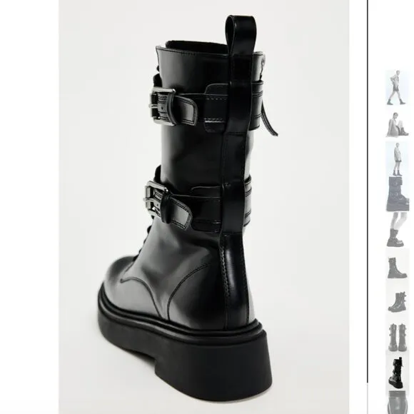 NWT ZARA BUCKLED LACED ANKLE BOOTS BLACK