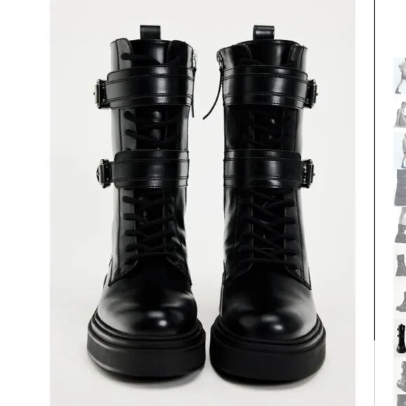 NWT ZARA BUCKLED LACED ANKLE BOOTS BLACK