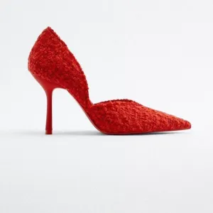 NWT. Zara Red Fabric Heels Shoes with Pointed Nose. Size 8.