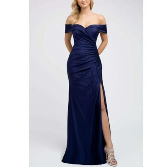 Off shoulder semi open back with slit, blue , pink, burgundy