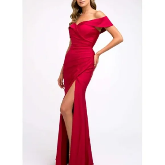 Off shoulder semi open back with slit, blue , pink, burgundy