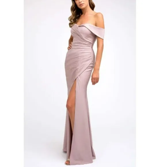 Off shoulder semi open back with slit, blue , pink, burgundy