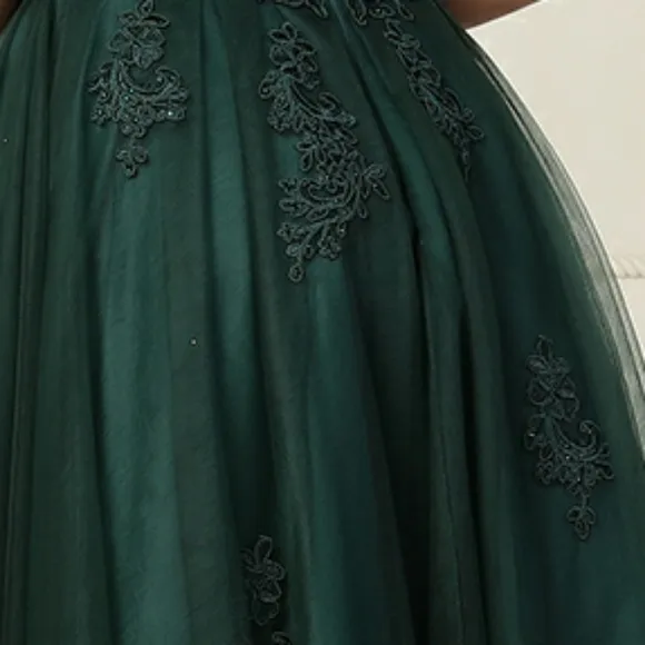 Off the shoulder long lace applique dress, hunter, pink, blue