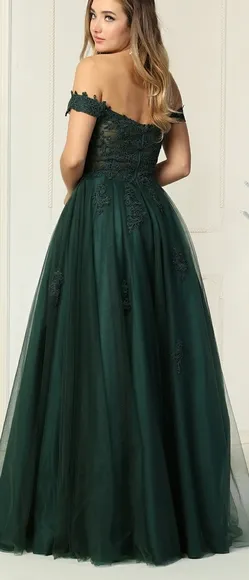 Off the shoulder long lace applique dress, hunter, pink, blue