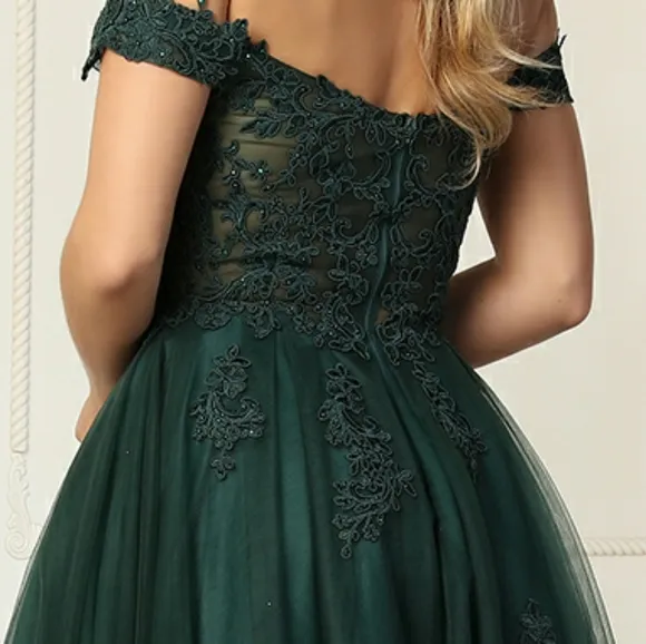 Off the shoulder long lace applique dress, hunter, pink, blue