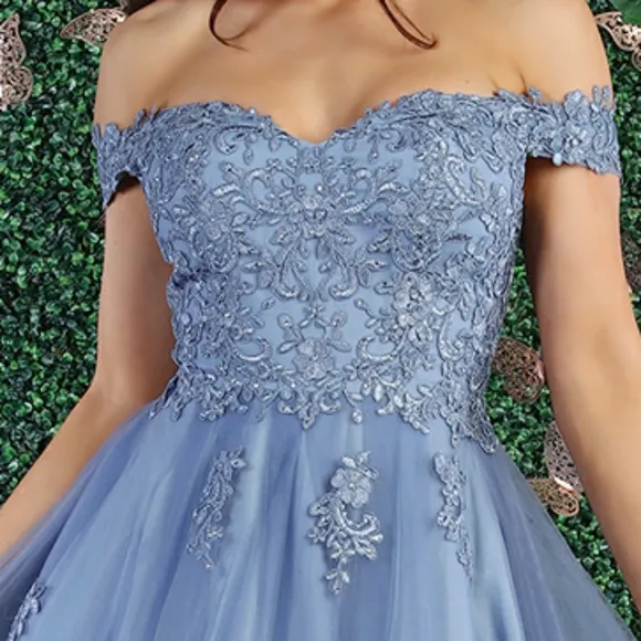 Off the shoulder long lace applique dress, hunter, pink, blue