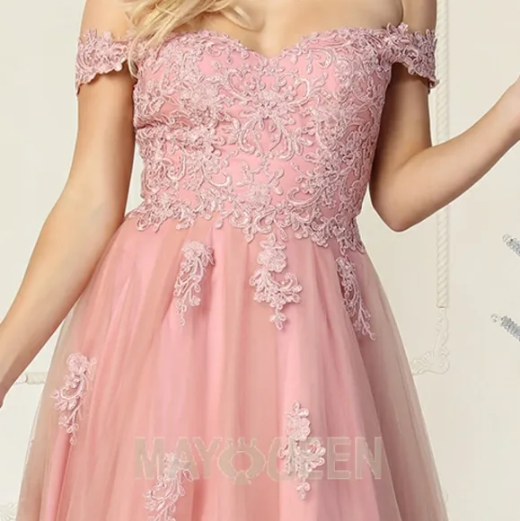 Off the shoulder long lace applique dress, hunter, pink, blue